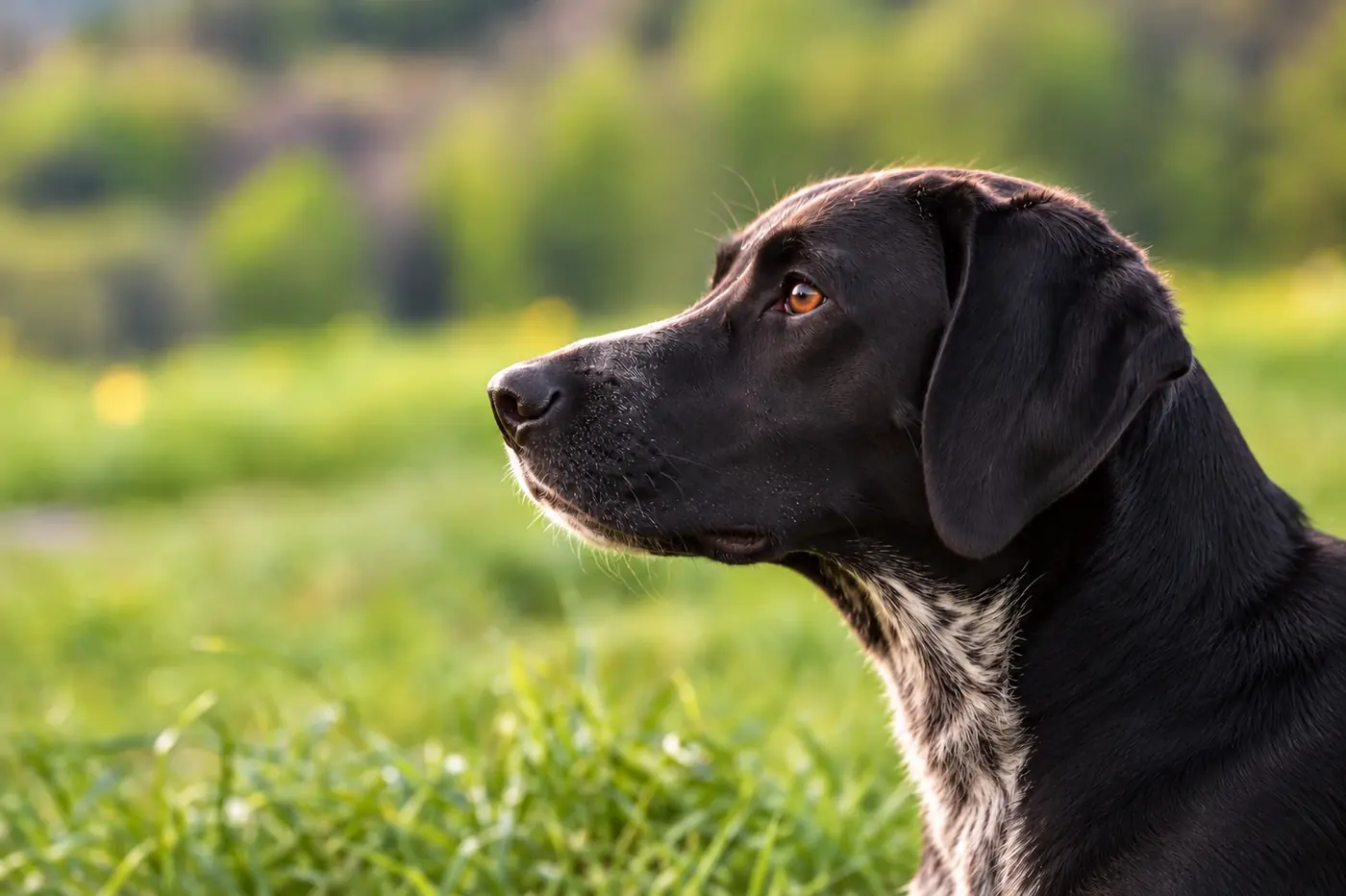 Doug, braque allemand noir, dans une prairie