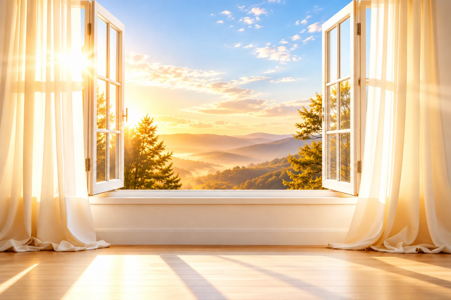 Lumière dorée à travers une fenêtre ouverte sur la nature