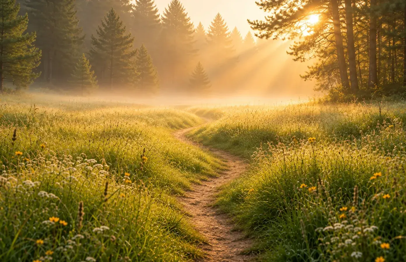Prairie dans la brume au lever du soleil
